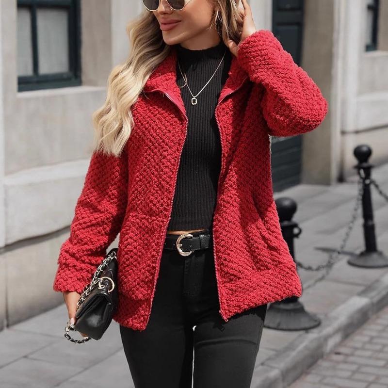 Women S Loose Casual Plush Coat With Pockets Lapel Zip Up