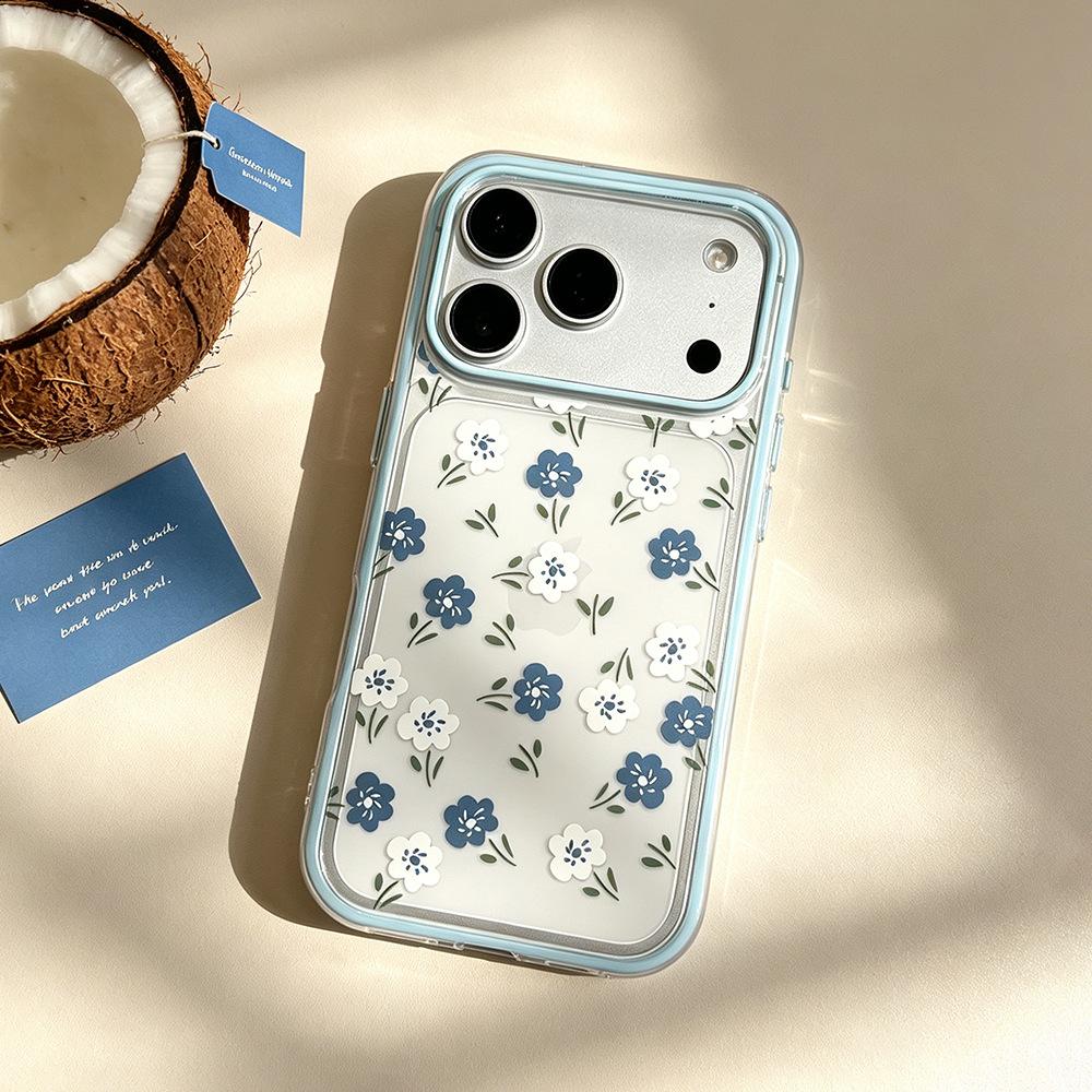 Blue and white flowers are suitable for Apple 17/16 Pro contrasting color mobile phone case, anti-drop iPhone15 niche spring Huawei women