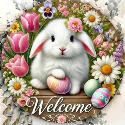 Decoração de Parede de Madeira 2D Plana 20cm Feliz Páscoa coelhinho branco flores - balão de carro Pingente de Madeira Universal para Feriado, Decoração de Casa