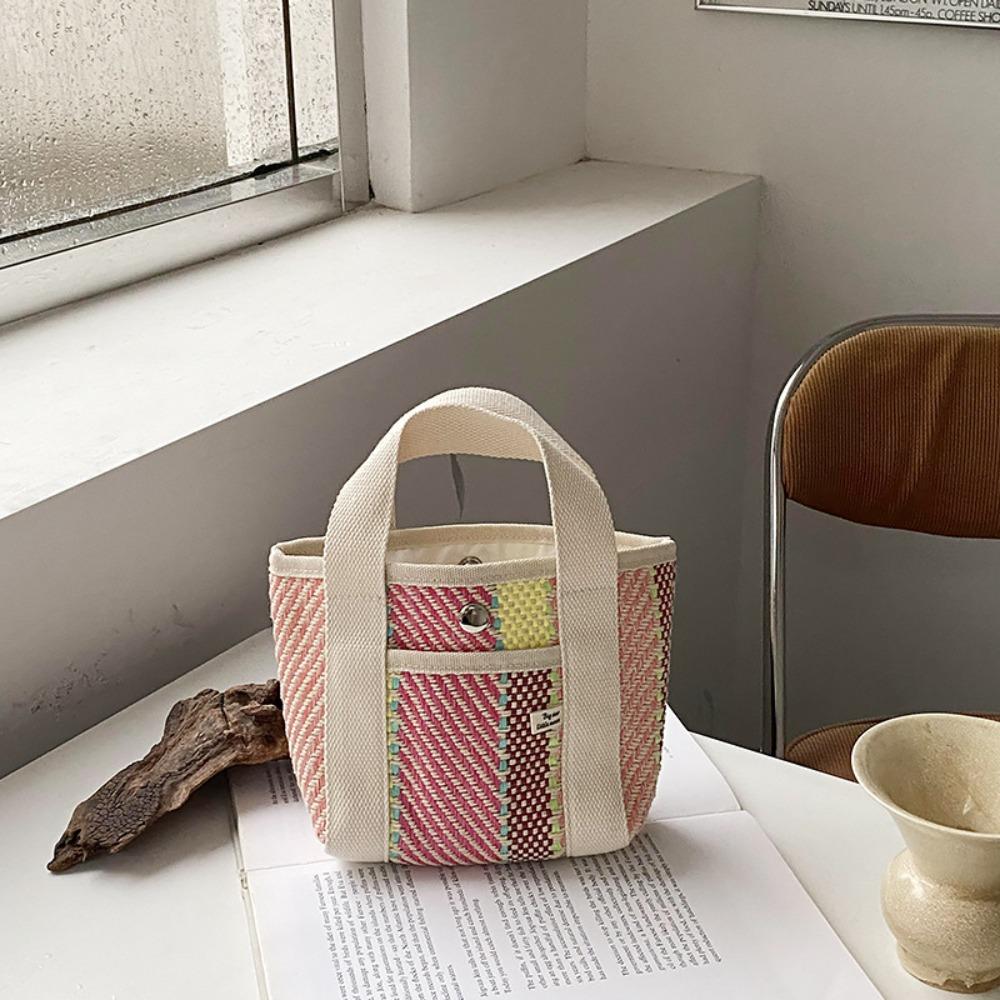 Large Capacity Straw Bag Stripe Tote Bag Practical Lunch Bag  for Home