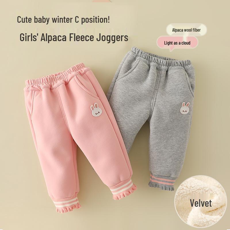 2025 Winter Fleecegefütterte Sweatpants mit Bündchen für Babymädchen, 0-3 Jahre, Lässige Baumwollhose mit offenem Schritt