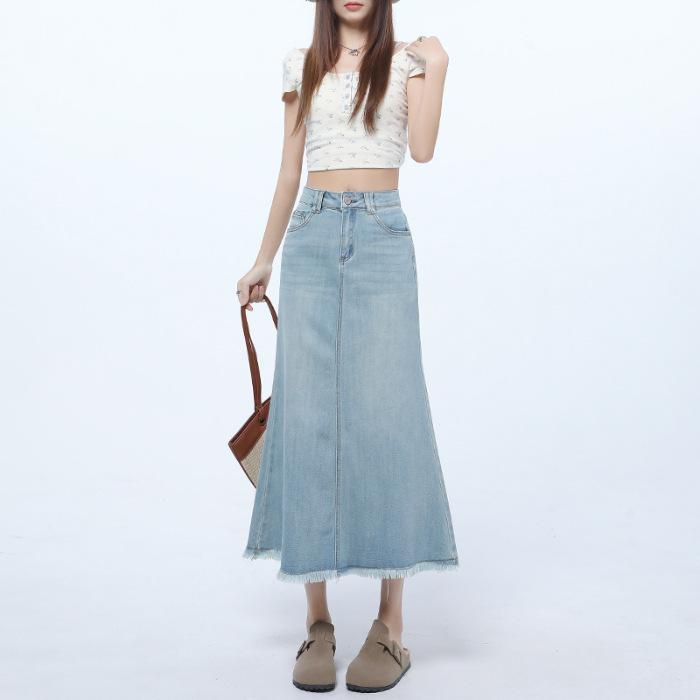 

Узкая джинсовая юбка с высокой талией и меховой отделкой для женщин Весна и лето Джинсовая юбка для женщин Юбка-рыбий хвост Юбка А-силуэта средней длины для женщин Весна XXL