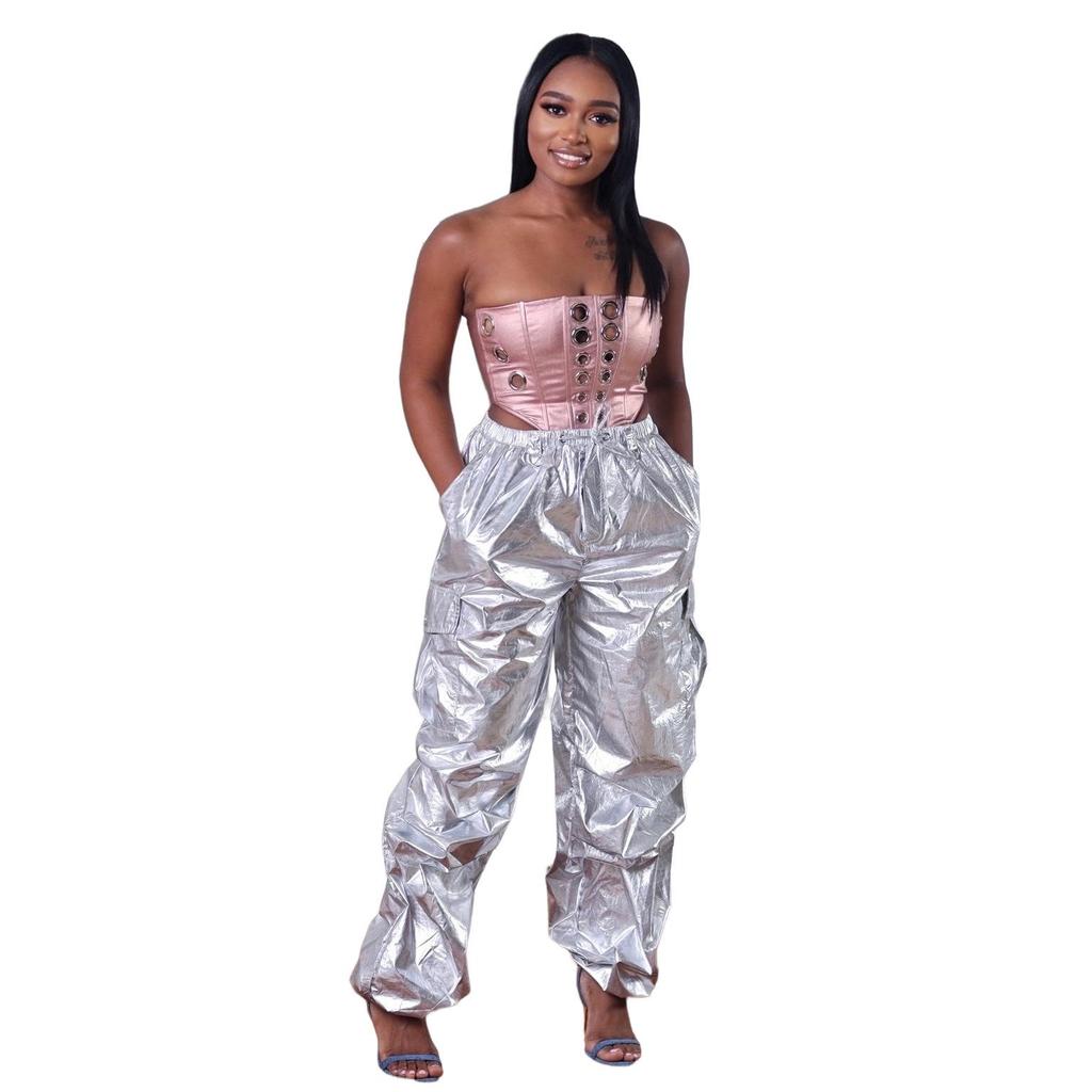 European & American Women's Fashion Casual Long Pants with Solid Color & 3D Pockets