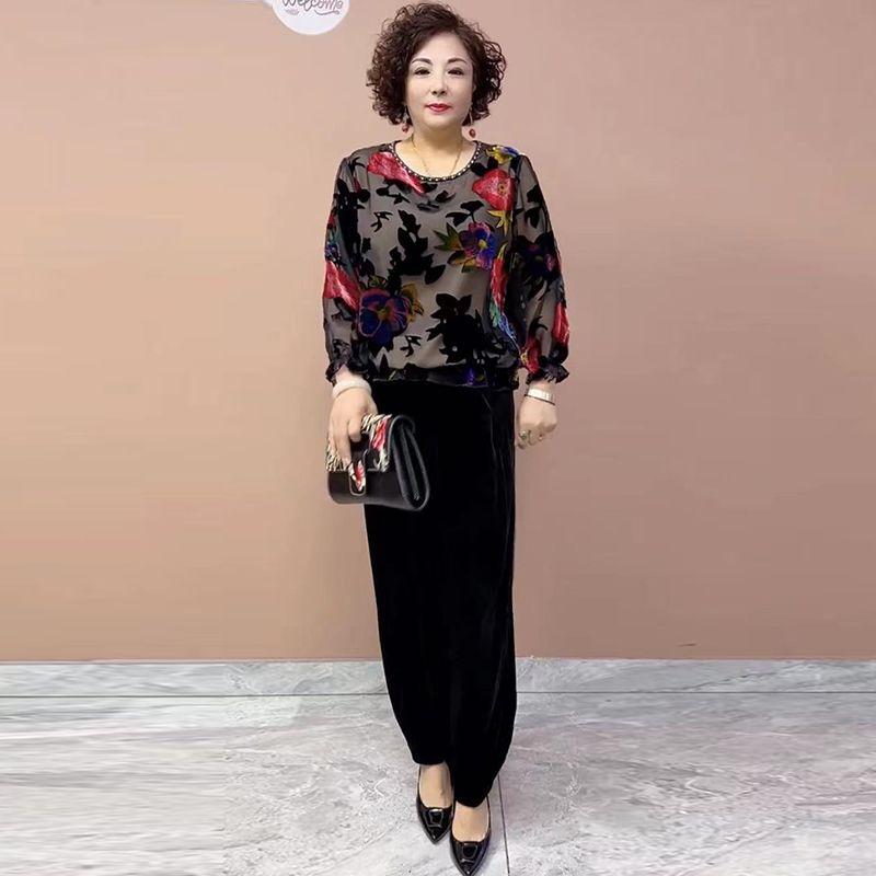 2PCS Pants Suts Spring Summer High-end Women's Printed Plus-Size Silk Blouse Velvet Pants Two-Piece Set Loose Flocked Velvet Blouse Velvet Pants Set