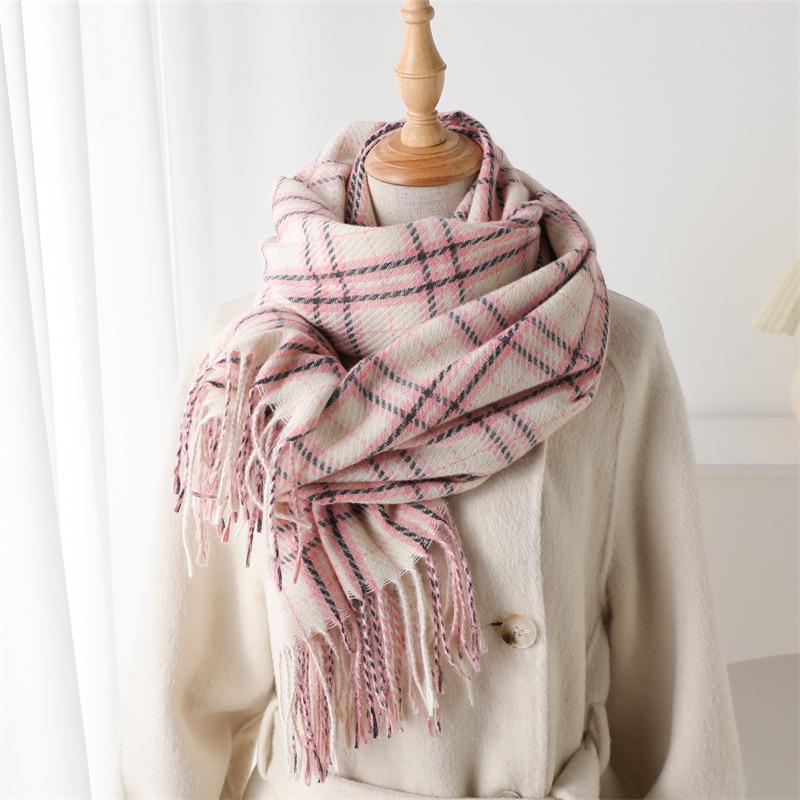Cachecol Lenço Quente e Frio de Imitação de Caxemira Moda Outono e Inverno High-End Xadrez Elegante Versátil Cachecol com Franjas