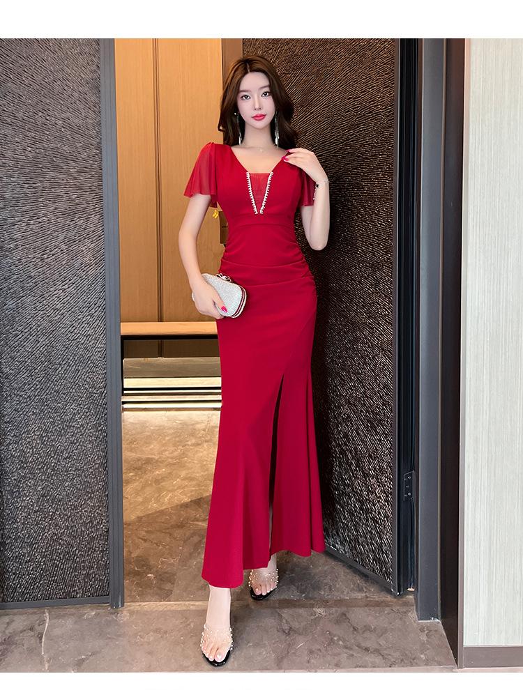 Nightclub sexy dress women's foot bath overalls show deep V-neck low-cut split hip-wrapped long dress