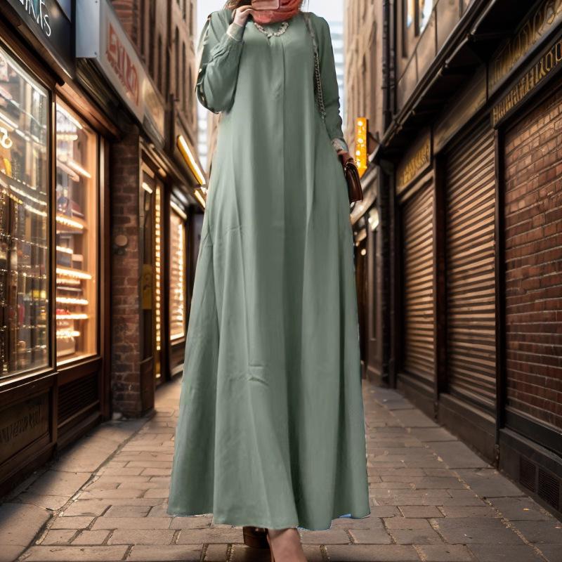 New Plus Size Muslim Women's Casual Long Sleeve Robe Dress - Solid Color