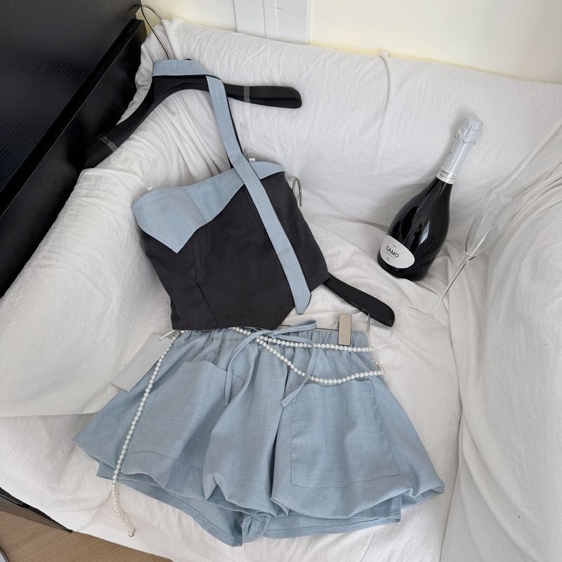 

French style High-Grade Irregular Color Matching Hanging Neck Tube Top Vest Women 2025 New Sexy Gyaru Shorts Two-piece Set Light blue Two-piece set L