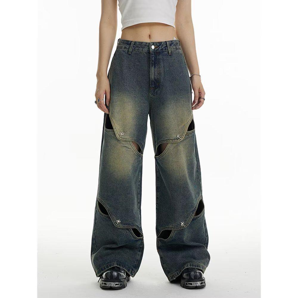 

Джинсы унисекс Niche Deconstructed Wide Leg - ретро-дизайн High Street, грубый подол. 3XL