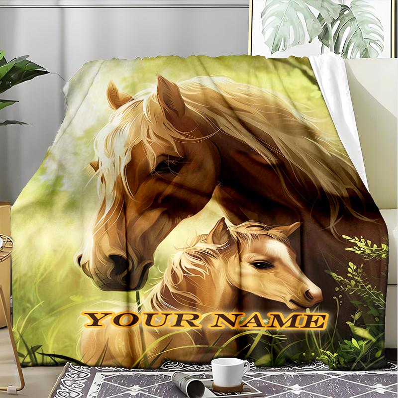 1PC Custom Name Horse Foal Nature Outdooor Flannel Blankets Patterns Throw Blanket All-Season Soft Gift for Couch, Bed, Camping Gifts