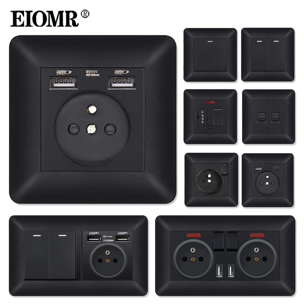 EIOMR France Standards Grounded Wall Socket 16A 250V with USB and Type-C Port Quality Curved Flame Retardant Panel Power Socket