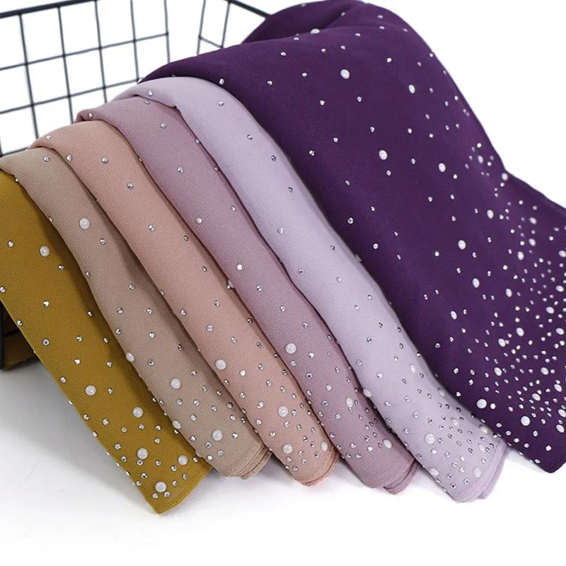Yiran Shoe Industry Women's 180*70Cm Plain Diamond Beads Bubble Chiffon Instant Hijab Shawls Solid Thick Head Wraps Foulard Sjaal Muslim Bonnet Cachecol