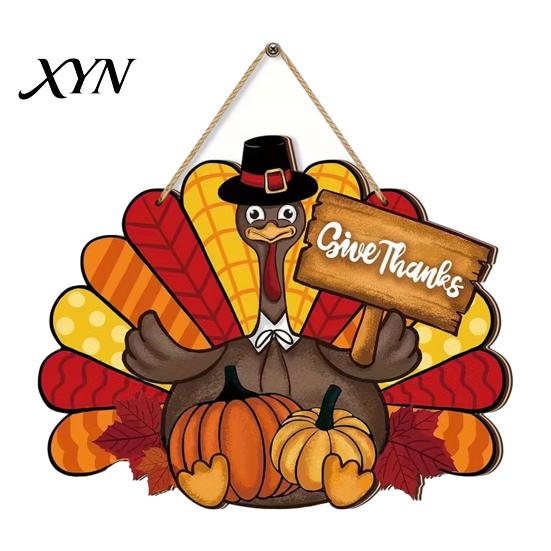 Thanksgiving Wooden Sign Sign, Turkey and Pumpkin Welcome Wall Hanging Decor with "Give Thanks" Holiday Porch , Rustic Farmhouse Fall Harvest