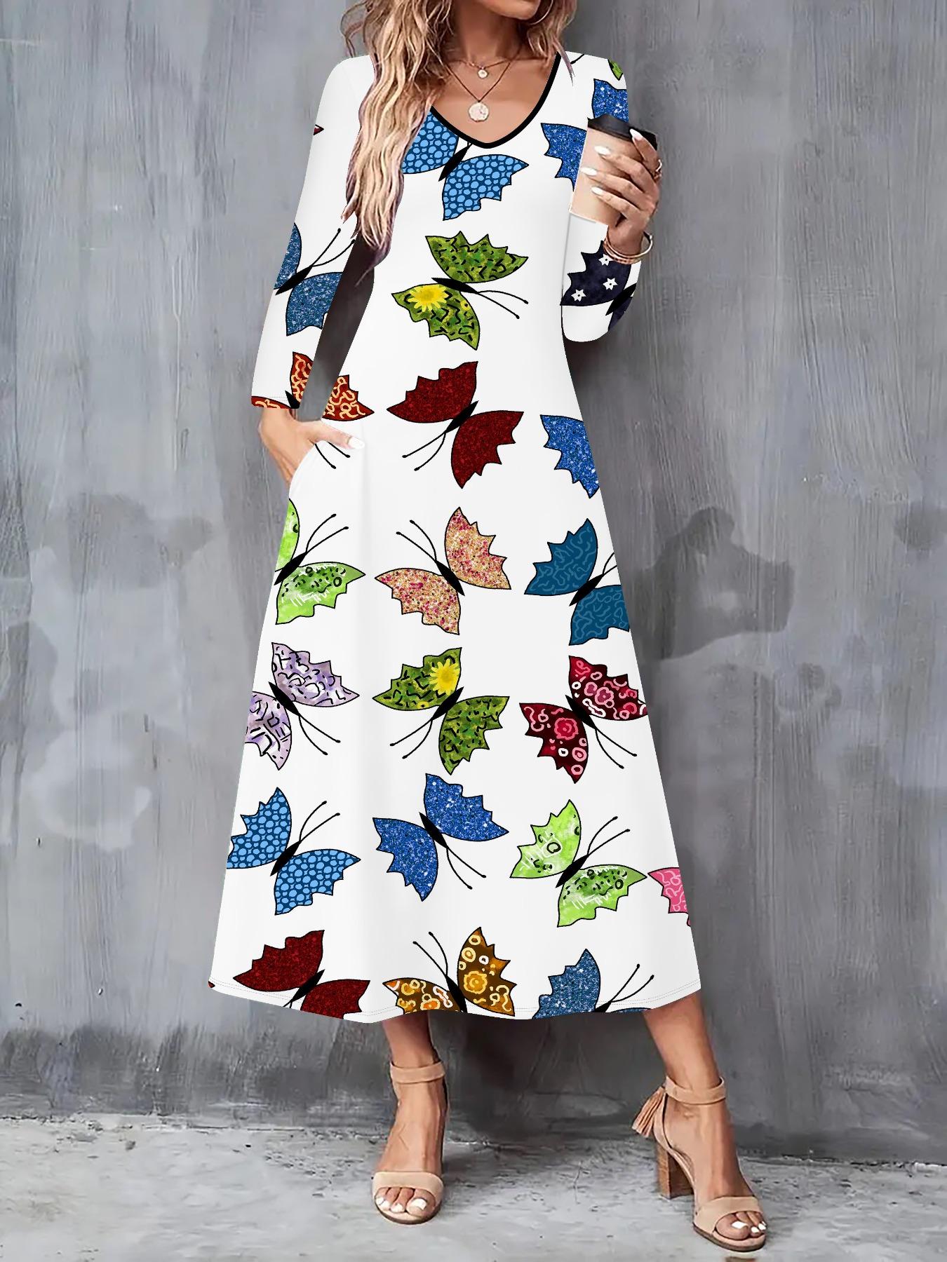 

2025 Осінньо-зимовий новий жіночий повсякденний модний плаття 3D принт метеликів Довгий рукав V-подібний виріз А-силует сукні XXL білий