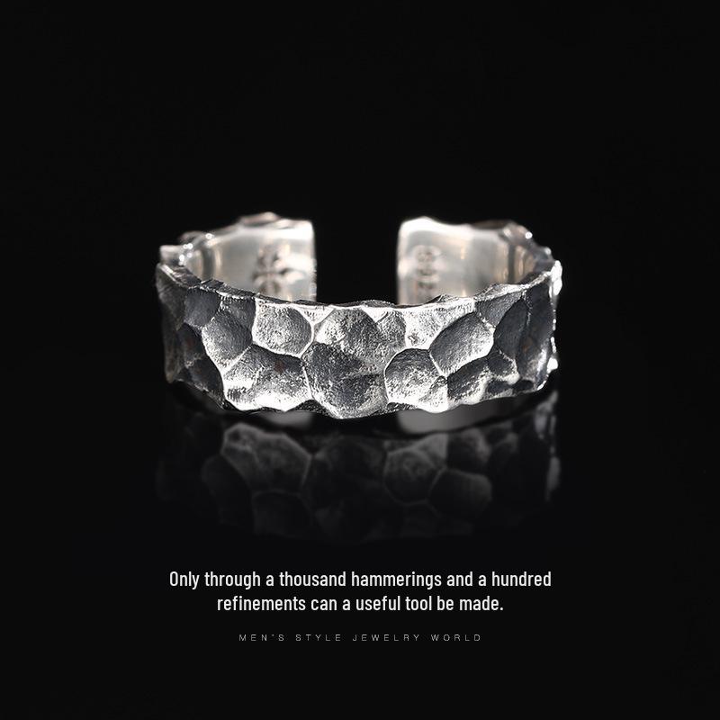 Sterling Silver Retro Men's Open Ring with Cracked Hammered Texture