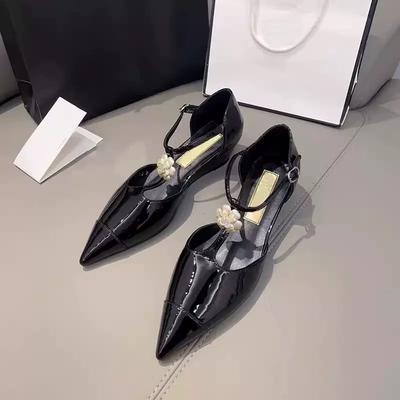 Sheepskin Version~ Camellia Leather Mary Jane Single Shoes Women's High Heels Wedge Heel Pointed Shoes High Heel Sandals