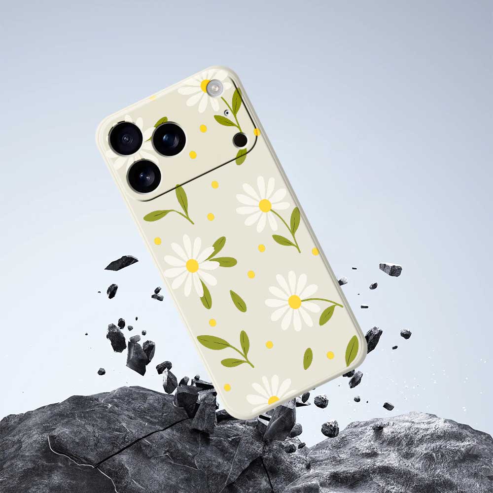 For iPhone 17 Pro Case White Flowers Green Leaves Pattern Printing Straight Edge TPU Phone Back Cover