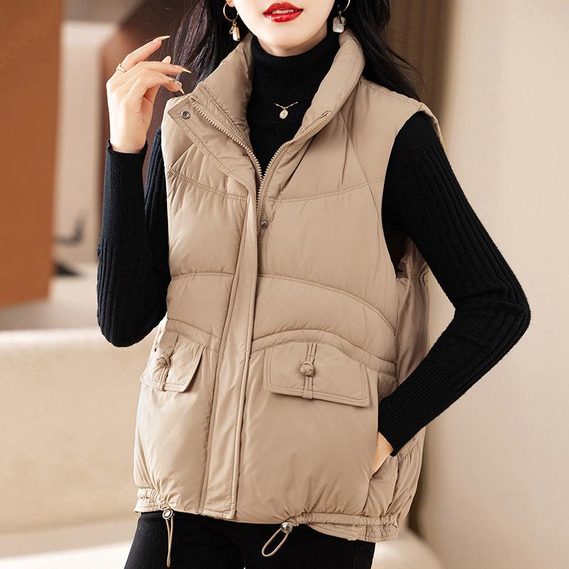 New stand-up collar women's style down cotton vest short vest solid color temperament large pocket vest