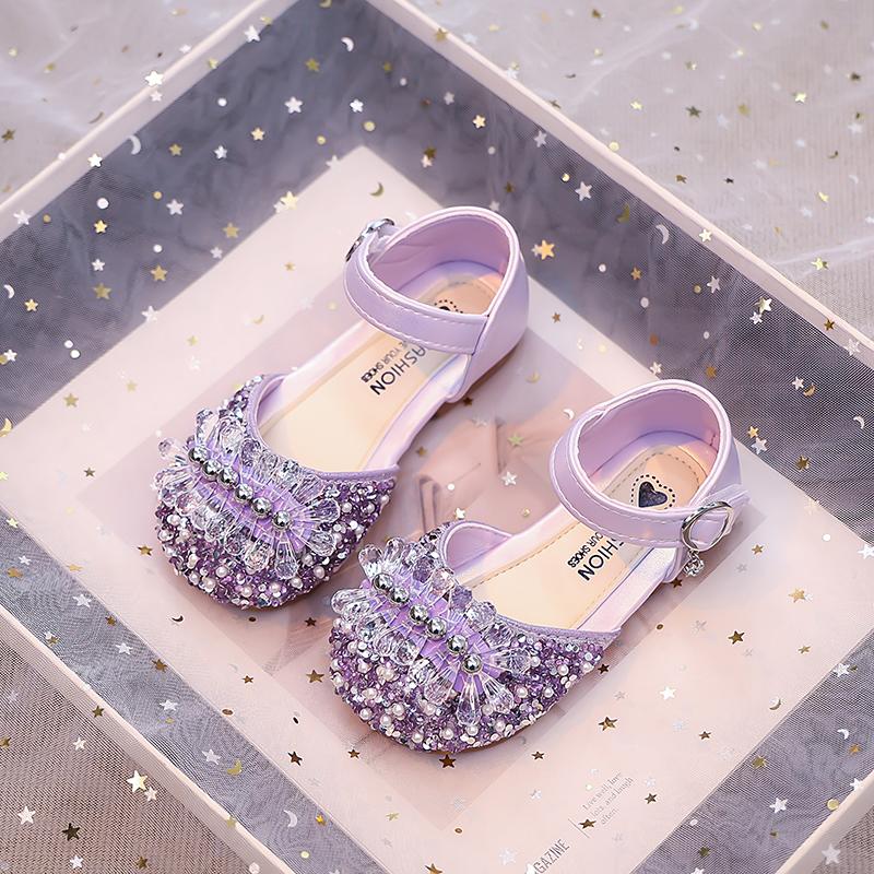 

Туфли для танцев для девочек Блестящие Кристаллы Модные Детские Полубосоножки Нескользящая Мягкая Подошва 2025 Лето Новые Детские Туфли Принцессы Милые 23 фиолетовый