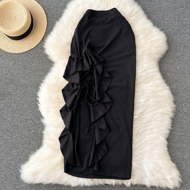 

Rebellious Gold Style Split Lace-up Mid Length Long Length Skirt Black S