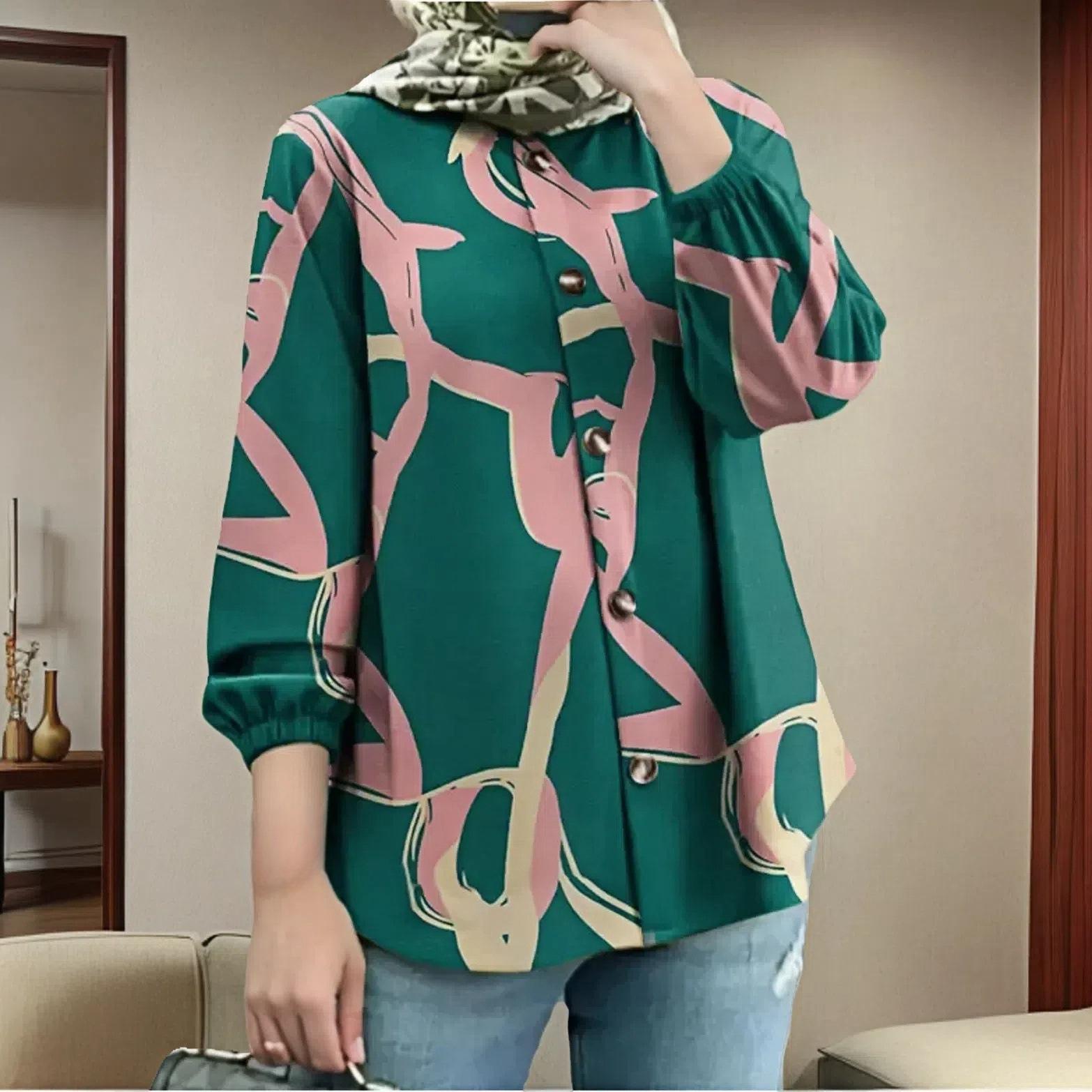 

GMXIA Жіноча модна сорочка великого розміру вільного крою з рукавами-буфами з принтом та довгими рукавами на ґудзиках S зелений