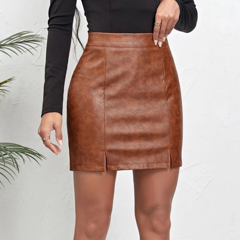 

Fashion High Waist Slit Pu Skirt Sexy Sexy Package Hip with a Zipper Short Skirt Sexy Split Pu Skirt Brown XL
