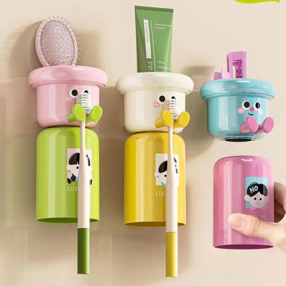 Cartoon Toothbrush Holder 1 Set Wall Mounted Non Perforated Bathroom Storage Rack Cup Storage Accessory