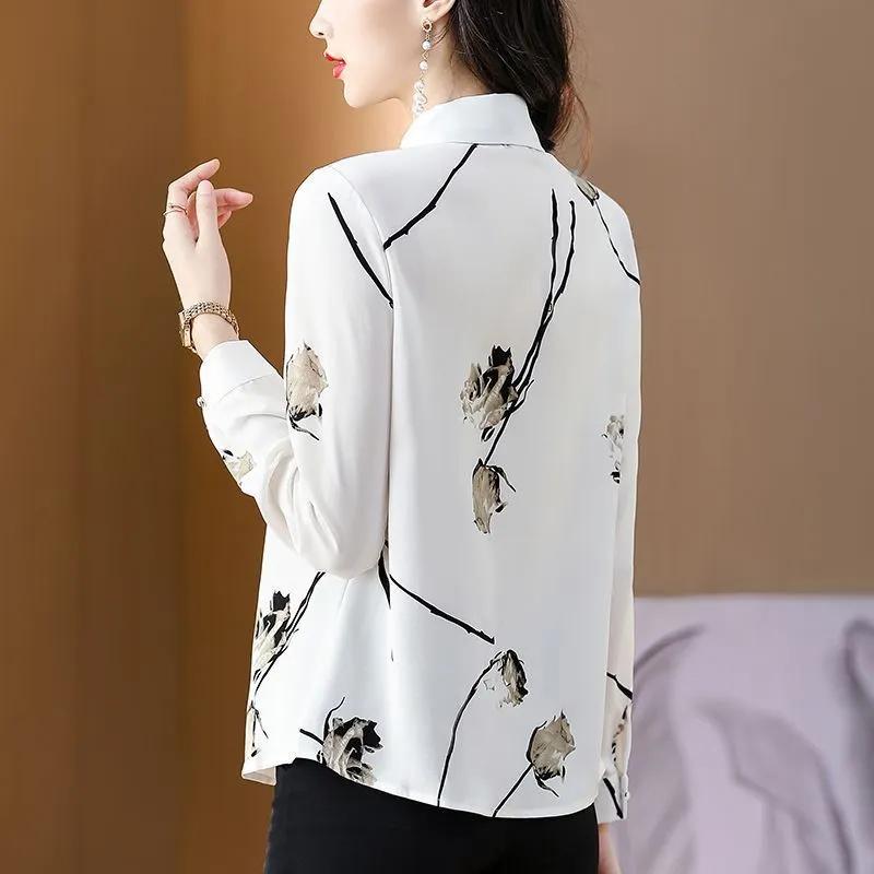 Women's Ink Flower Print Long Sleeve Chiffon Button Down Shirt