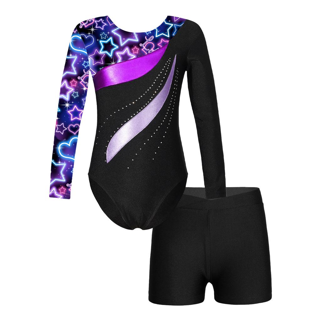 Girls Long Sleeve Rhinestone Leotard Printed Patchwork Design with V Front Waistband Shorts Dance Set