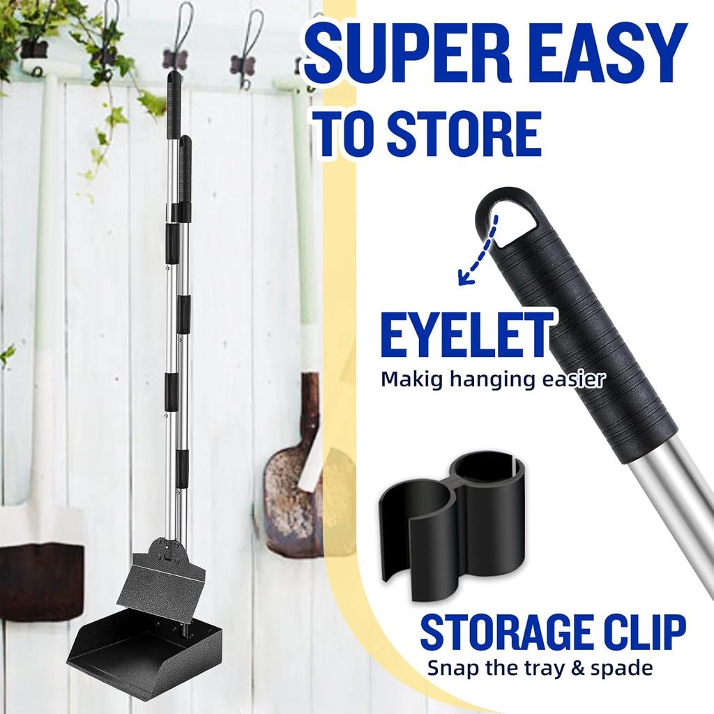 Dog Pooper Scooper,Tray and Spade Set Poop Scooper for Dogs, Adjustable Long Handle Metal Pooper Scooper with Bin for Pet Waste Removal, No Bending