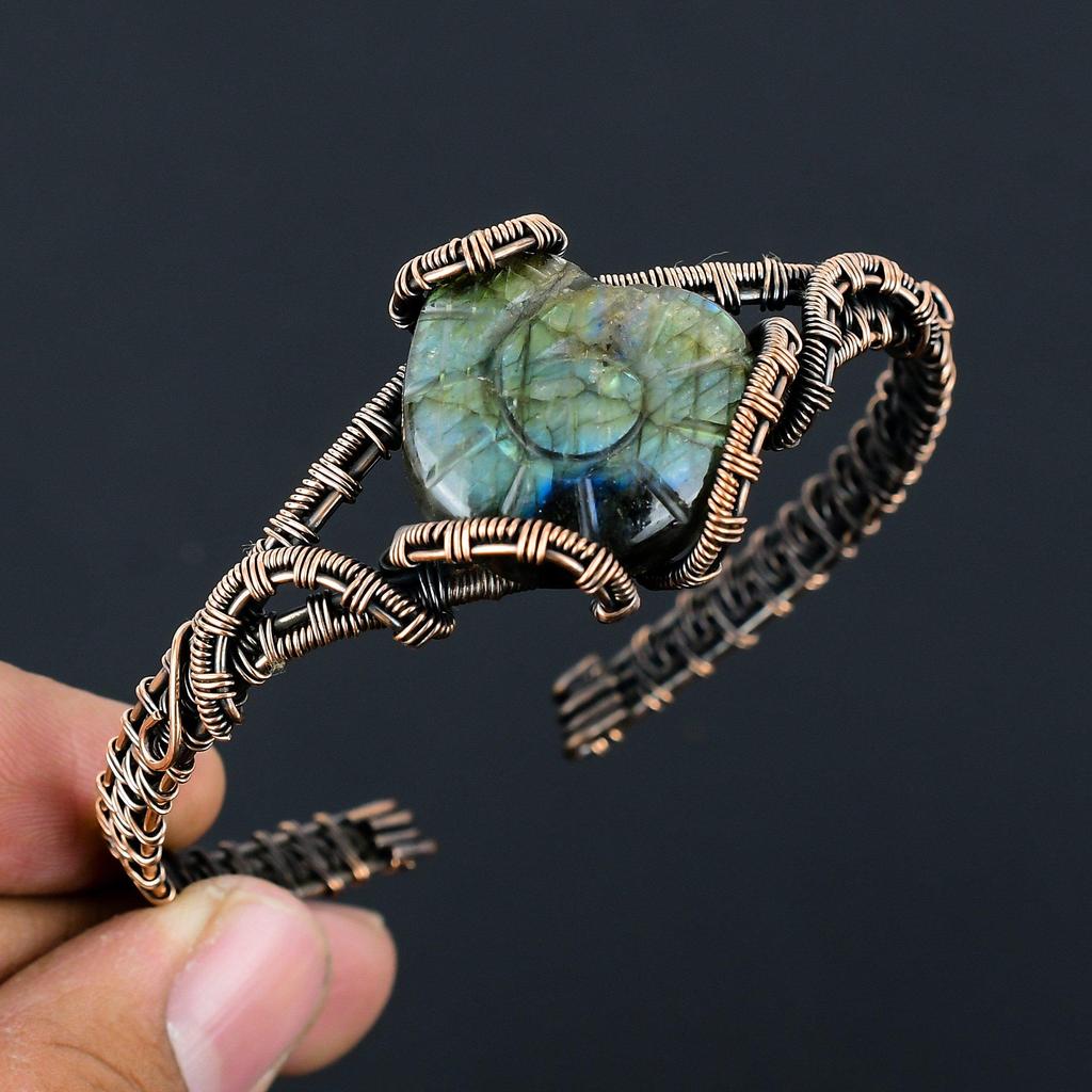 Laradorite Gemstone Handmade Copper Wire Wrap Jewelry Adjustable Cuff For Women