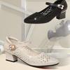 Sandals Women's Summer Mid Heeled Mesh Sandals Perforated Shoes Perforated Breathable Single Shoes Thick Heels Soft Soled Shoes