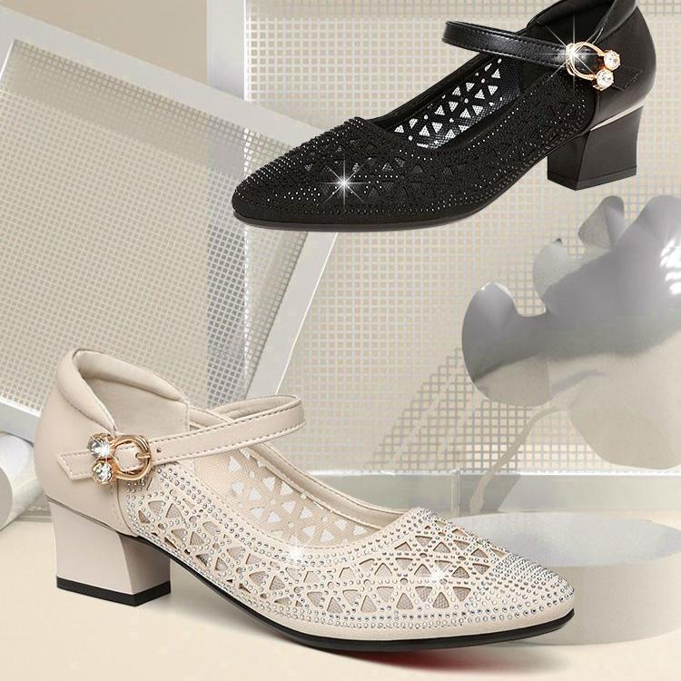 Sandals Women's Summer Mid Heeled Mesh Sandals Perforated Shoes Perforated Breathable Single Shoes Thick Heels Soft Soled Shoes