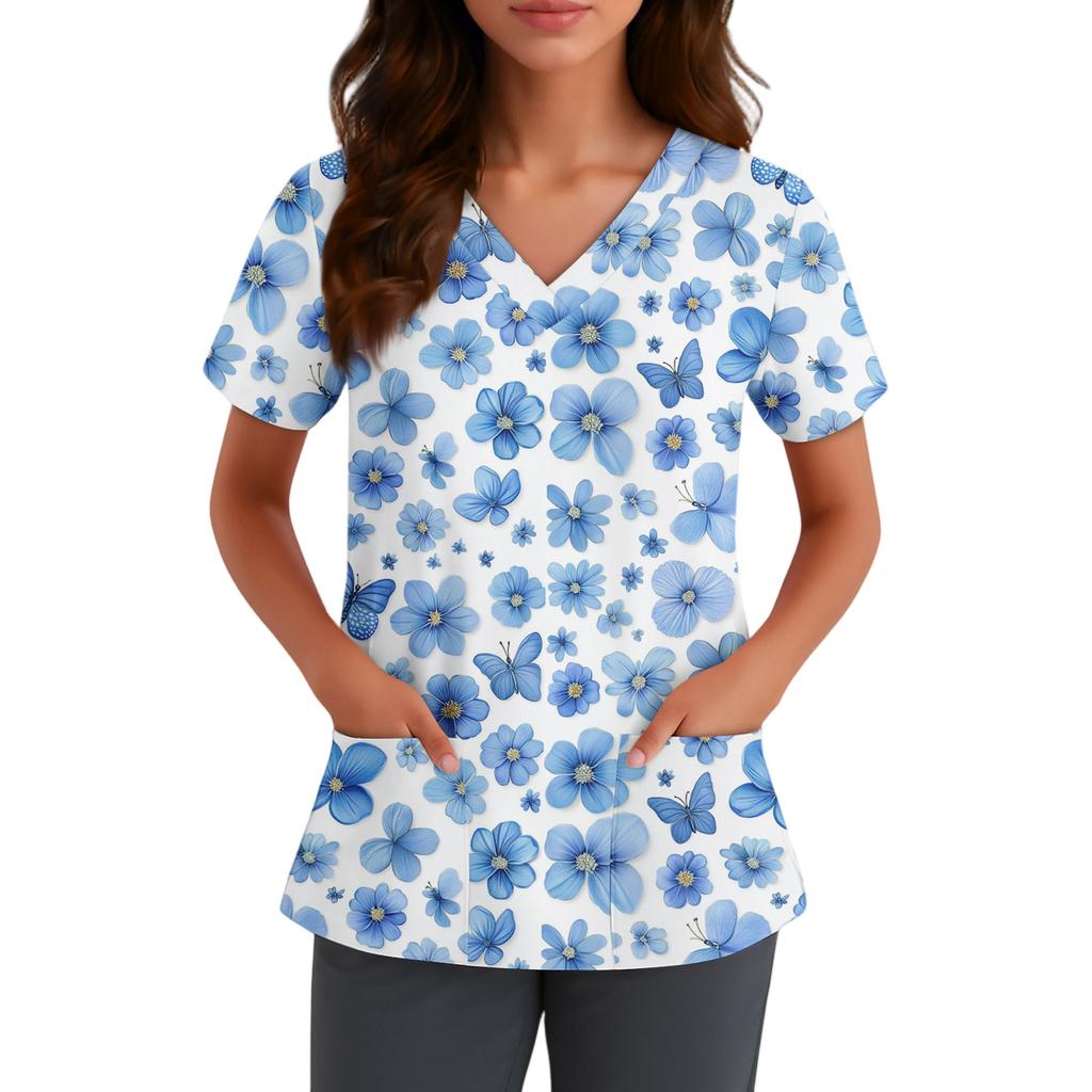 Women's Fashionable V-neck Workwear Printed Short Sleeved Pocket Side Slit Workwear Basic Pullover Top