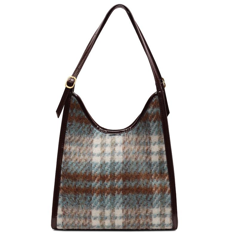Commuter large-capacity woolen bag, new autumn and winter fashionable simple plaid women's shoulder tote bag