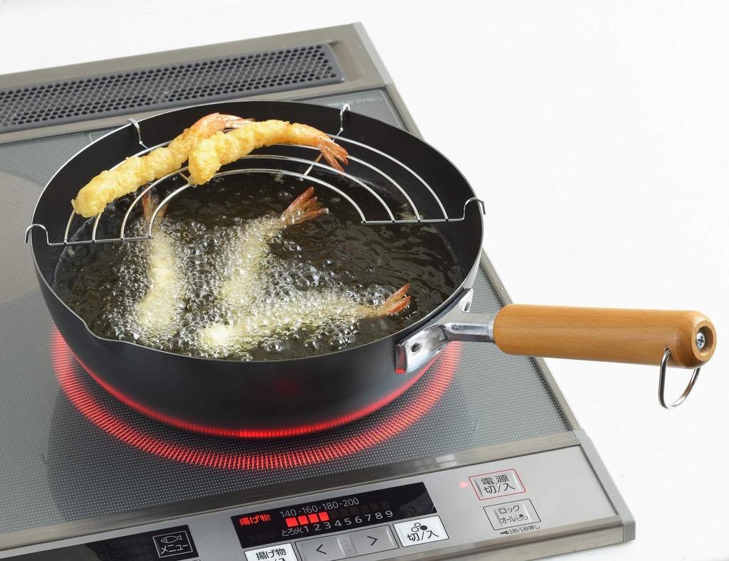 Yoshikawa Wooden Handle Iron Deep NEW Gourmet Made In Gift Wrapping SJ3170 Fryer/Tempura Pan, 24cm, 1.1L Capacity, Power, Japan, Available,