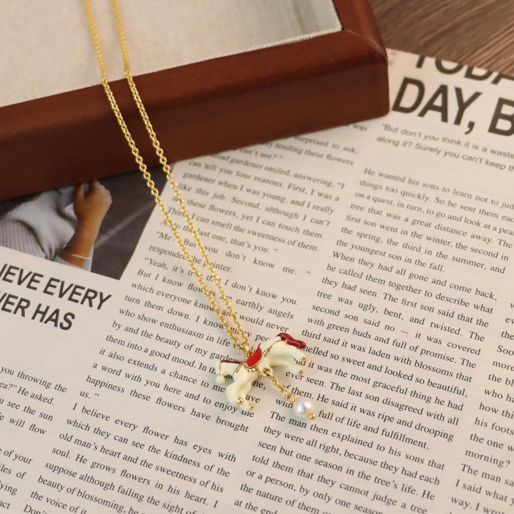 Creative Enamel Carousel Pearl Pendant Earrings & Necklace - European & American Style Christmas Series