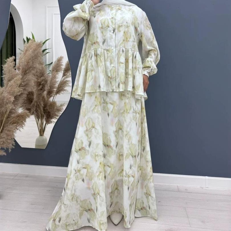 autumn new European and American Amazon cross-border round neck floral ruffle edge top long skirt set XS