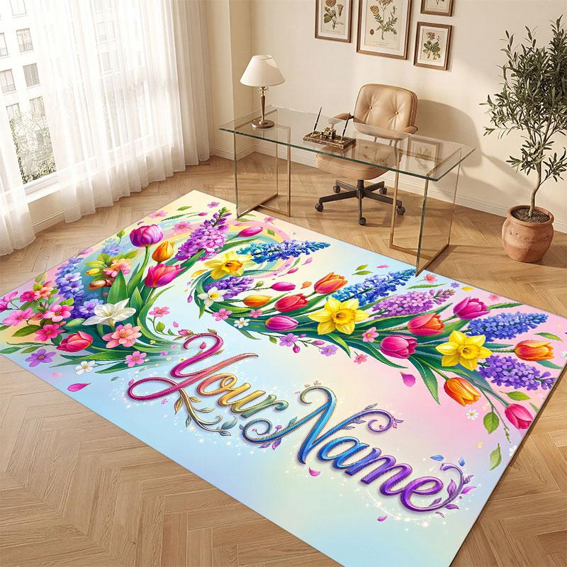 Floral Garden Theme Crystal Velvet Floor Rug Personalized Custom Name Text Warm Carpet Home Decoration