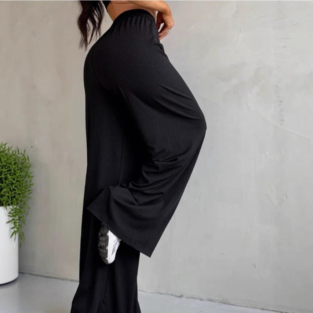 Women's Ribbed Drawstring Elastic Waist Wide Leg Loose Casual Lounge Pants Summer Trousers