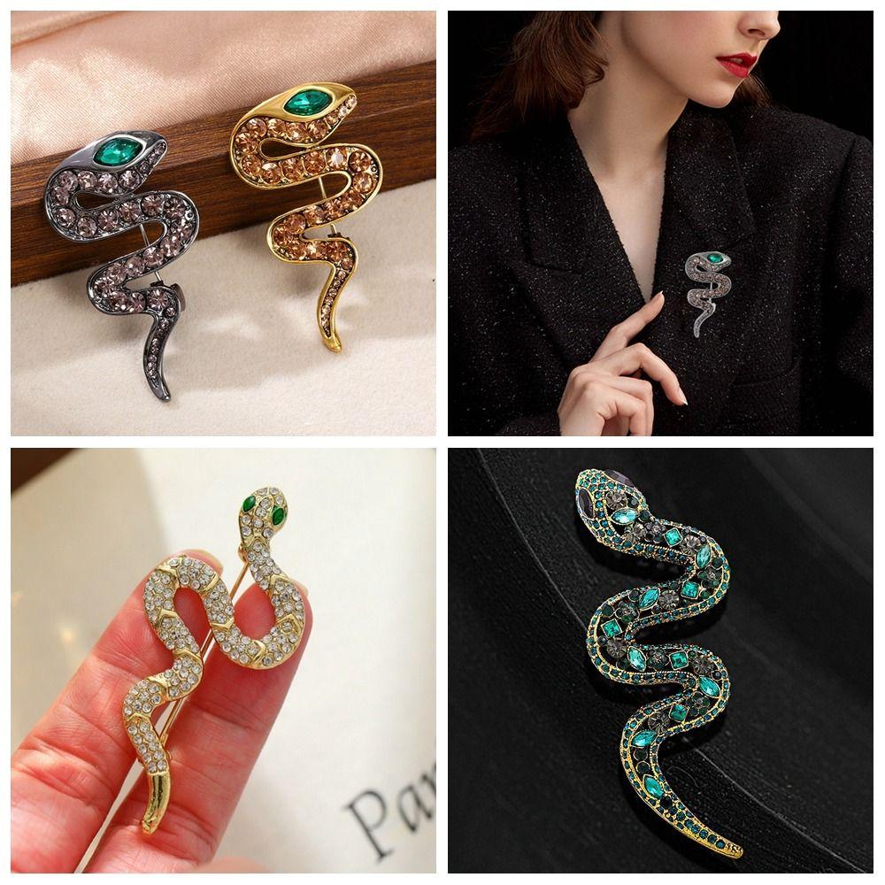 Zinc Zinc Alloy Zodiac Snake Brooch Zircon Metal Snake Lapel Pin Rhinestone Animal Collar Pins Jewelry Gifts