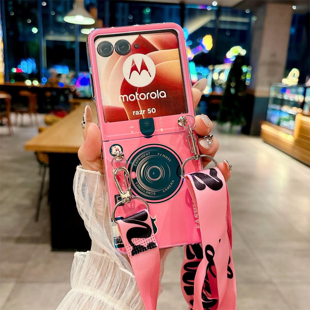 Retro Camera Phone Case For Motorola Moto Razr 50 Ultra Blu-ray PC Hard Shell Protect Crossbody Rope Back Cover