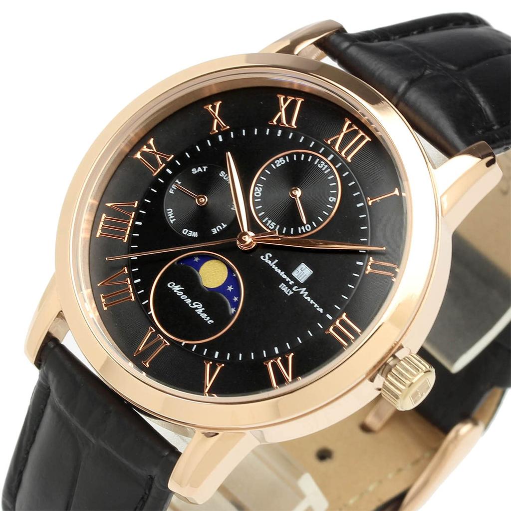 Salvatore Marra Moon Phase 5 ATM Water Leather Limited Black or Pink Men's Multi-Calendar Watch, Resistant, Strap, Edition, Gold, SM21106-PGBK