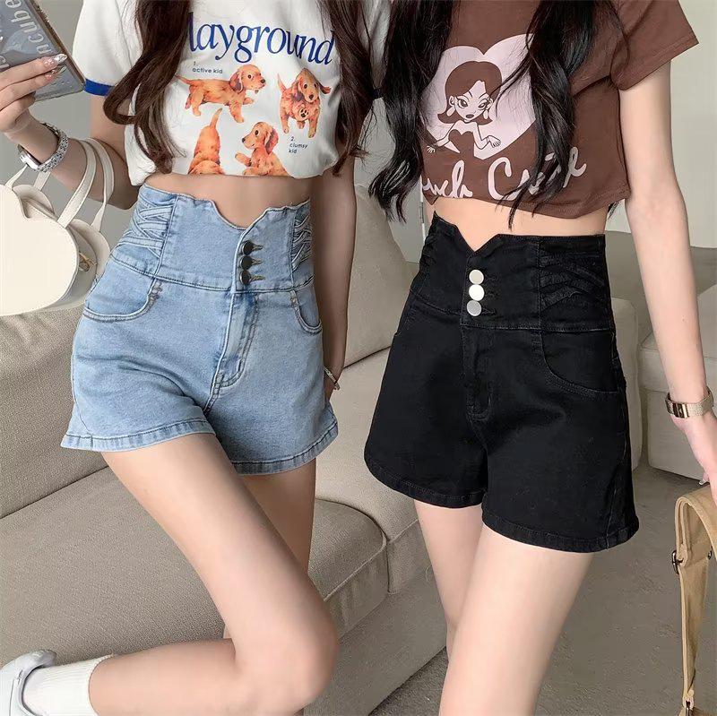 

2025 Women s Black High-Waisted A-Line Denim Shorts - Sexy, Slimming, Loose, Wide-Leg Summer Outerwear XL