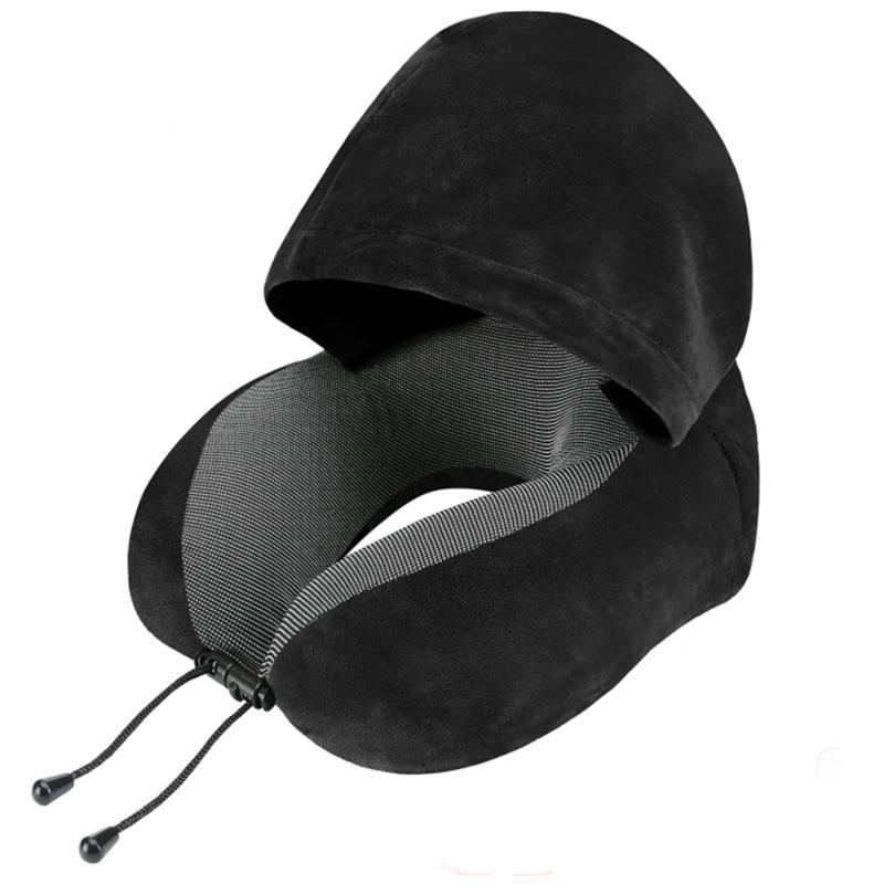 Hooded Memory Foam Travel Neck Pillow - U-Shaped Support for Airplane & Train Naps