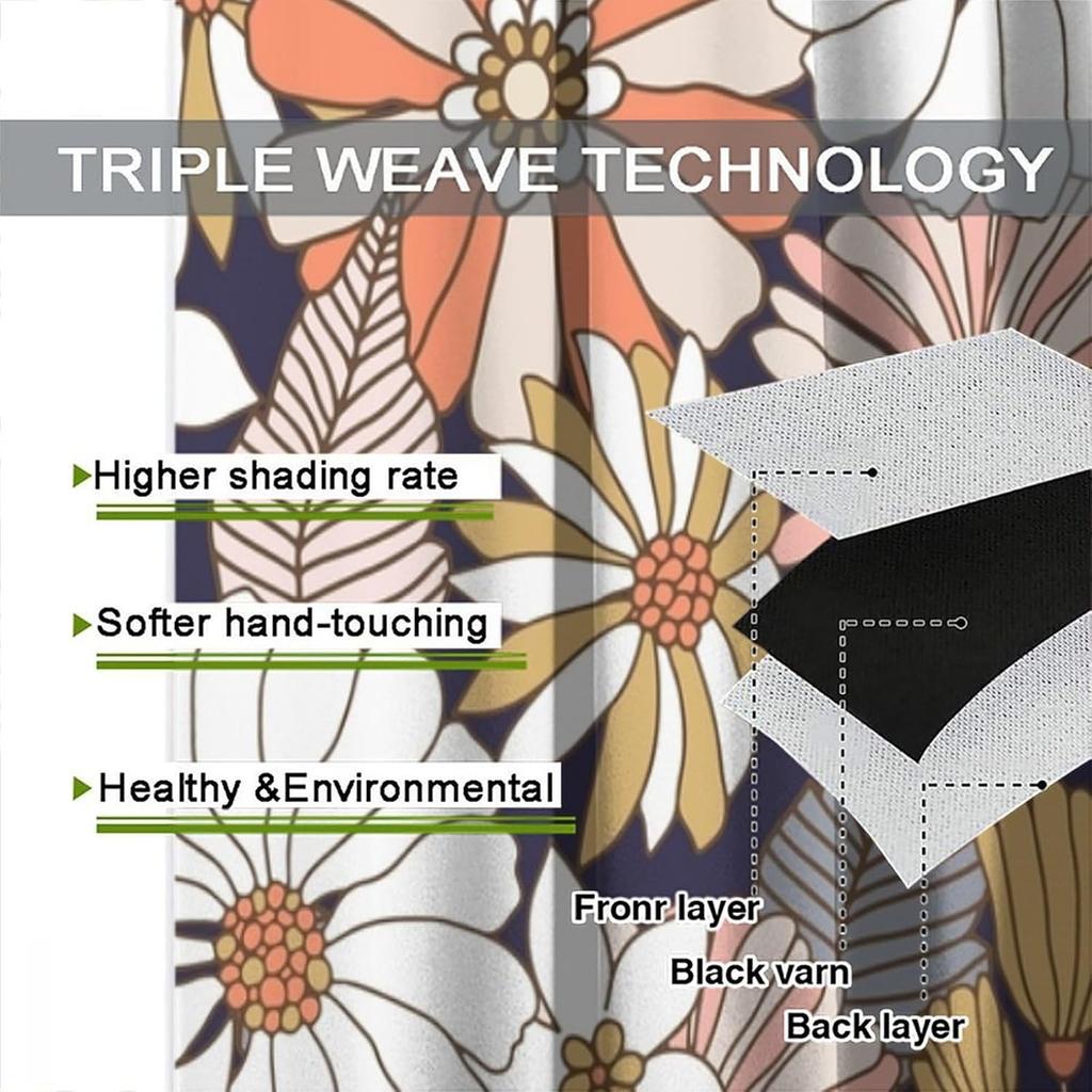 "Floral Bloom" Curtains – Orange, White & Beige Flowers on Navy Background, Rod Pocket Drapes for Living Room or Bedroom