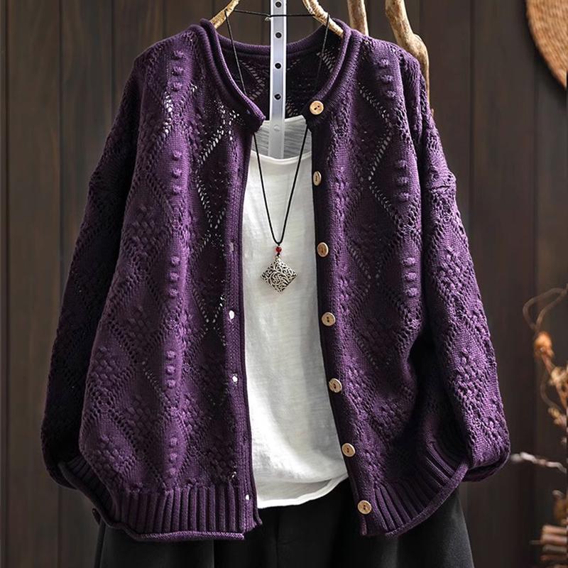 2025 Fall Diamond Hollow Round Neck Knitted Cardigan - Loose, Casual Long Sleeve Sweater