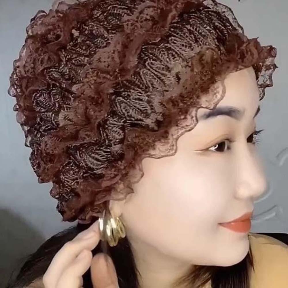 Soft Elastic Curly Hair Hat Breathable Mesh Lace Pullover Cap Beauty Lace Curling Hat  for Mom
