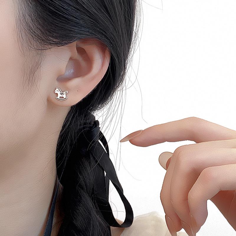 2026 Sterling Silver Rocking Horse Stud Earrings - Cute Zodiac Birth Year Jewelry for Pierced Ears