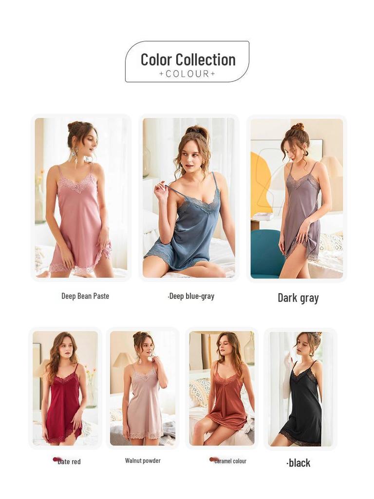 Cross-border Ice Silk Sheer Lace Deep V-Neck Women's Sexy Slip Dress Nightgown